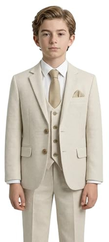 Boys' 7-Piece Self-Patterned Beige Suit Set – Slim Fit Wedding Special Occasion Outfit Sizes 13 Years UK