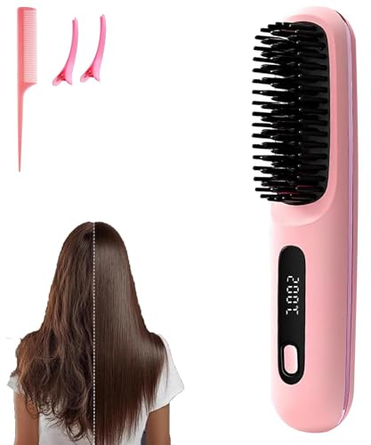 Go Brush Pro – Bärbar, trådlös mini-hårplattborste för kvinnor med LCD-temperaturdisplay, 2 000 mAh, snabb uppvärmning och trådlöst keramiskt plattjärn (PK)
