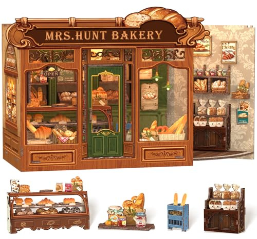 Cutefun DIY Case delle bambole Book Nook Model Kit, Reggilibri Scaffale Inserto Decorazione con Luce LED,Kit di Costruzione di Modellini in Legno per (MRS.HUNT BAKERY)