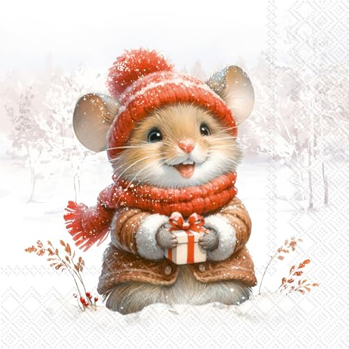 Lot de 20 serviettes de Noël en papier avec motif souris mignonne avec vêtements d'hiver pour décoration de table Convient également pour le découpage et la technique des serviettes 33 x 33 cm