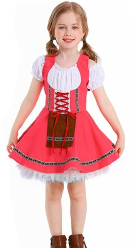 Costume da ragazza Dirndl – Costume tradizionale Oktoberfest completo con gonna – per festa birra, carnevale, Halloween – Popolare bavarese chic con grembiule dettagliato, Rosa, 8-10 Anni