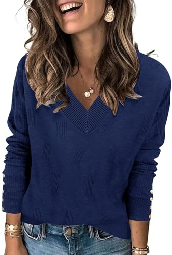 IECCP Women's Long Sleeve Jumpers V Neck Ladies Tops Lightweight Sweater Pullover Tops with Decorative Buttons(Navy Blue,M)