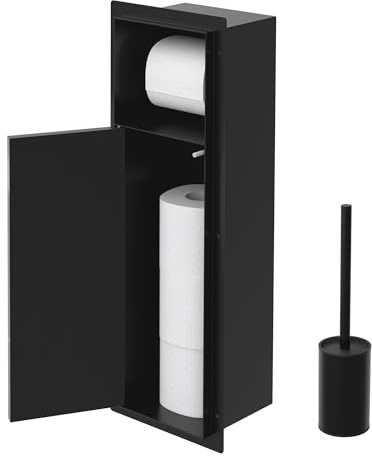 LuxeBath Módulo de Armario Empotrado para Baño de Acero Inoxidable Negro Mate 60 x 20 x 14 cm con Portarrollos y Escobilla, Mueble de WC Alicatable Oculto Encastrado para Aseo/Servicio Nicho de Pared