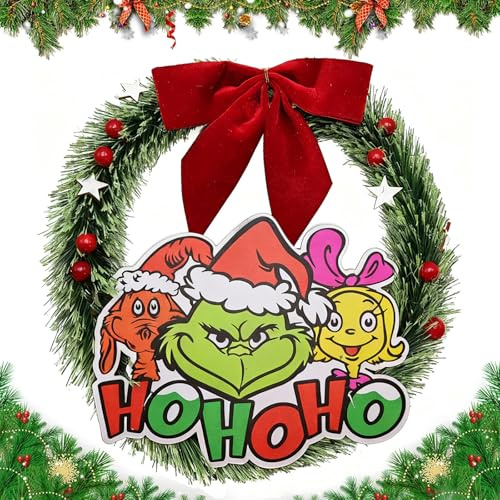 Couronne de Porte de Noël, 30cm Couronne de Noël avec Noeud Rouge, Décoration pour Intérieur et Extérieur, Porte, Fenêtre, Sapin, Cheminée