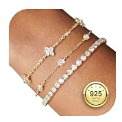 Finrezio 3 Stück Armband Damen Gold 14 Karat Vergoldet Armbänder Sterling Silber 925 Gold Tennis Armbänder Damen Mit Cubic Zirkonia Verstellbare Armband Gold Schmuck Geschenk für Damen