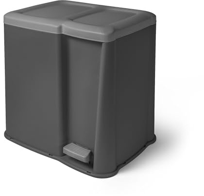 LIVINJA Mülleimer Küche 2-Fach Trennsystem 20L (14L+6L), Treteimer mit Pedalfunktion, Abfalleimer Kunststoff, Dunkelgrau/Hellgrau, Flacher Deckel, Glatte Kanten, Modernes Design, Made in EU