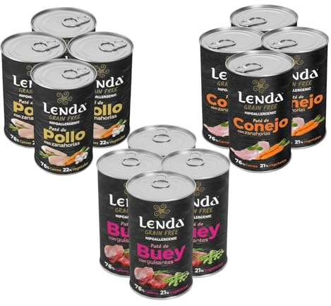 Lenda Pack 12 x 400gr Comida Húmeda Hipoalergenica para Perros Jovenes y Adultos - Pack Degustacion - Alimento Completo y Natural para Todas Las Razas - Sin Cereales con Condroprotectores