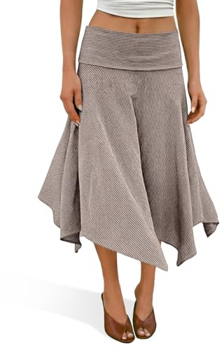 Tankaneo Womens Striped High Waisted Skirt Summer Casual Asymmetric Hem Flowy A Line Midi Skirts Coffee