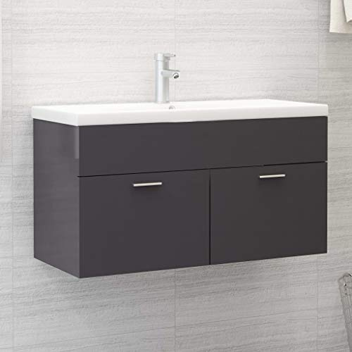 QZZCED High Gloss Grey Engineered Wood Sink Cabinet with Built-in Ceramic Basin, 1 Compartment and 2 Doors for Bathroom Storage, Modern Washbasin with Overflow and Easy Clean Surface