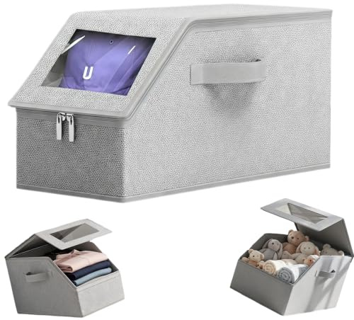 Wrbugukeji Baseball Cap Storage, Hat Storage for Baseball Caps(Grey) | 43 x 22 x 17cm Clear Hat Storage Box with Carrying Handles & Lid for Women Men Closet Bedroom Entryway