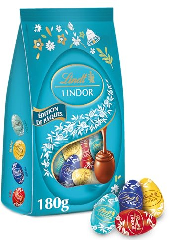 Lindt - Sachet MINI ŒUFS LINDOR - Assortiment de Chocolats au Lait, Noirs, Blancs et Noix de coco - Idéal pour Pâques, 180g