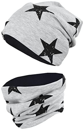TupTam Mütze Kinder & Schlauchschal Set – Beanie Kinder für Herbst & Winter, Warme Mütze Jungen & Mädchen Oeko-TEX, Farbe: Sterne Schwarz/Grau Meliert, Größe: 54-56