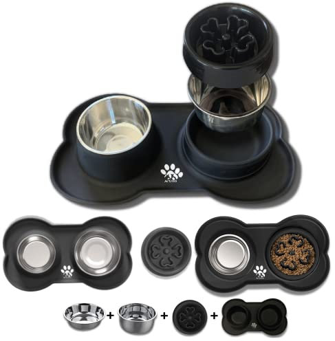 Hundenapf, 4 in 1 – Anti-Schling-Napf für Hunde, Welpen – Größe L: Tiere von 5 bis 30 kg – gesunde Ernährung – doppelte Edelstahlschüssel (2 x 800 ml) + Schüssel für langsame Fütterung (500 ml) +