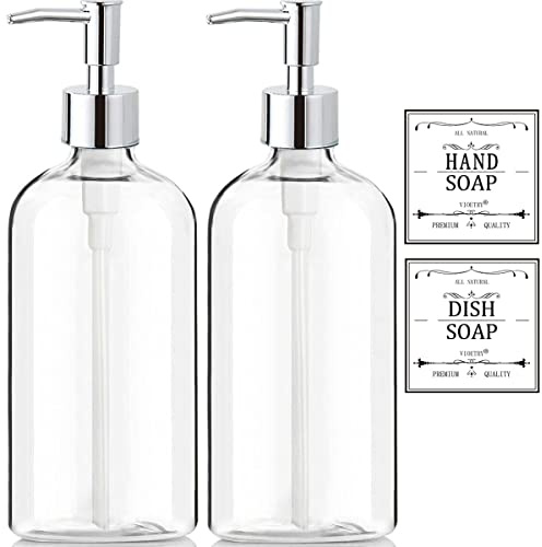 Clear Soap Dispenser with Rust Proof Pump, Waterproof Labels (2 Pack,16 Oz), Plastic Hand Soap Dish Soap Dispenser for Kitchen Bathroom
