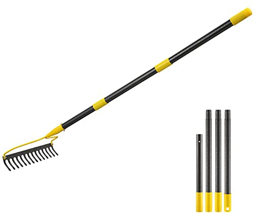 Râteau de Jardin à 14 Dents avec Manche, Râteau de Jardin Robuste, 183cm Longueur Réglable pour Grande Moyen et Petit Chiens, Ppelouses, Herbe, Saleté