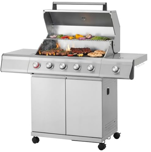 Tarrington House Barbecue a Gas con 4+1+1 Bruciatori Glenwood, Acciaio Inox, Coperchio con Termometro, Piastra, Accensione Elettrica, Argento