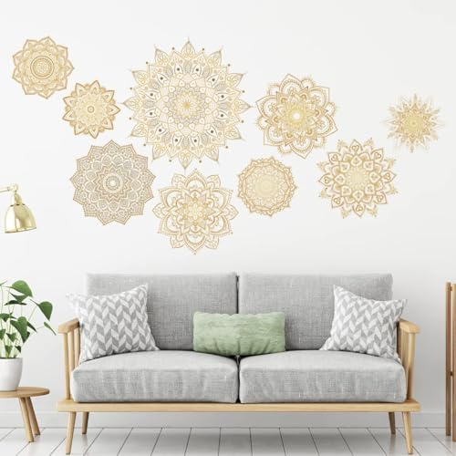 61.6 x 55.1 Inch Large Gold Mandala Wall Decals Boho Mandala Wall Sticker Flower Wall Stickers Headboard Wall Decoration Indian Namaste Flower for Bedroom Living Room Yoga