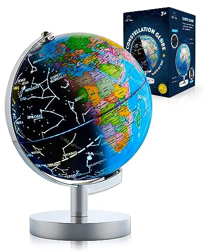 USA Toyz Illuminated Globe for Kids Learning- 3-in-1 STEM Globes of the World with Stand, Constellation Map, Built-in LED Night Light Desk Globe Lamp, Non-Tip Metal Base, 9.75” Tall, 7 Inch Diameter