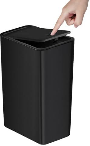 TIPGO Bathroom Trash Can with Lid, 10 Liter/ 2.6 Gallon Slim Garbage Can, Small Trash Bin Waste Basket with Pop-Up Lid for Kitchen, Bedroom, Living Room, Office (Black)