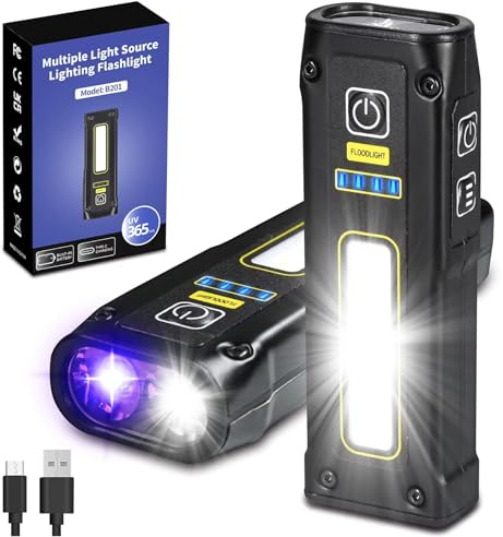 DARKBEAM Torcia UV 365 nm, luce nera, torcia LED EDC ad alta luminosità lampada a legni USB C ricaricabile, mini tasca magnetica COB luce rossa – alimentazione di emergenza – urina di animali