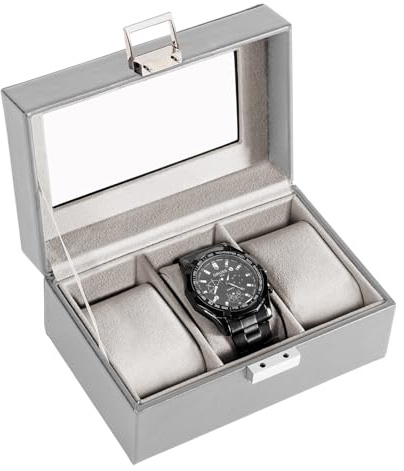 ProCase Men's Watch Box Organizer, 3-Slot Watch Display Case with Glass Lid - Grey