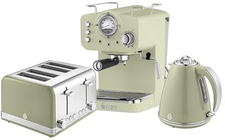 Swan Retro Kitchen Set, 1.5L Fast Boil Kettle & 4 Slice Toaster & Espresso Coffee Machine with Milk Frother, Green, SK19020GN, ST19020GN, SK22110GN