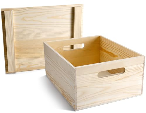 Spiareal Wooden Storage Box 15 x 12 x 7 Inches Pine Wood Decorative Crate Box with Hand Holes and Lid Plain Unpainted Wooden Storage Bins for Home Decor Wine Tool Kitchen Arts Crafts