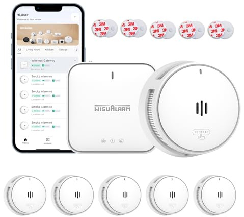 Wisualarm Rauchmelder Vernetzt mit Basisstation, intelligenter Feuermelder für Zuhause mit App für sofortige Push-Benachrichtigungen, 10-Jahres-Batterie, EN 14604 (5*Rauchmelder+1*Gateway)