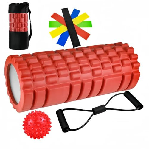 Foam Roller Kit 9 in 1 Rouleau de Massage Rouleau Massage Dos Musculaire Pilates Jambes Nubs Exercice Jambe avec Balle de Massage,Bandes de Résistance, pour Massage Profond des Muscles 33x14cm Rouge