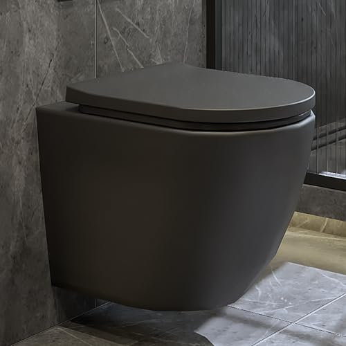 SHELVACI UNIQUE DESIGNS® - Premium Hänge-WC Toilette Keramik inkl. Toilettendeckel Schwarz Matt (Komplett-Set) - Spülrandloses Wand WC hängend, rund Gr. 520x365x350 - Wand-Toilette mit Absenkautomatik