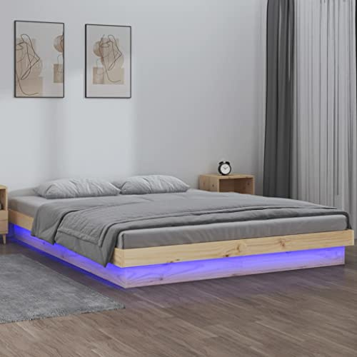 Festnight Letto Matrimoniale 160x200, Struttura Letto con LED, Giroletto in Legno Massello di Pino Naturale, Striscia LED Colorata e Telecomando