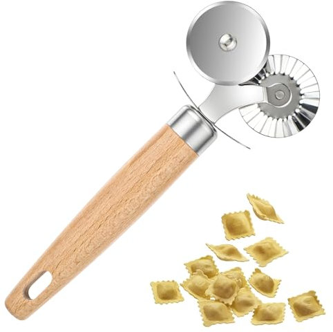 Wanmu Pastry Cutter, Double Blade Wooden Handle Noodle Cutter, Pie Crust Cutter for Cutting Ravioli, Pasta, Christmas Cookies, Pizza