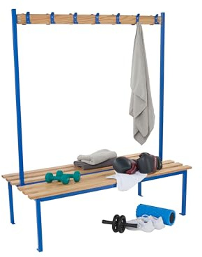 The Workplace Depot Changing Room Bench, Heavy Duty Powder Coated Steel Frame with Wooden Slats, 1500mm Wide Cloakroom Benches with Clothing Hooks for Schools, Gyms (Blue, Double Sided)