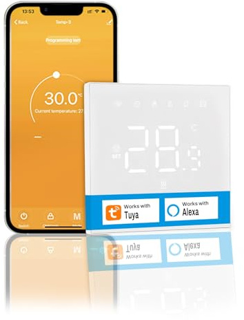Jadeshay Thermostat Connecté Smart Thermostat Programmable sur 7 Jours avec Écran Tactile Compatible avec Chauffage au Sol Électrique Alexa et Google Assistant, Blanc