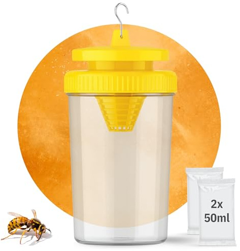 Wespenfalle mit 2x50ml Lockstoff – ohne Insektizide, für innen & außen – Wirksam bis 6 Wochen – gegen Wespen, Hornissen, Fliegen & Fruchtfliegen – PT19 Lockmittel – Made in EU