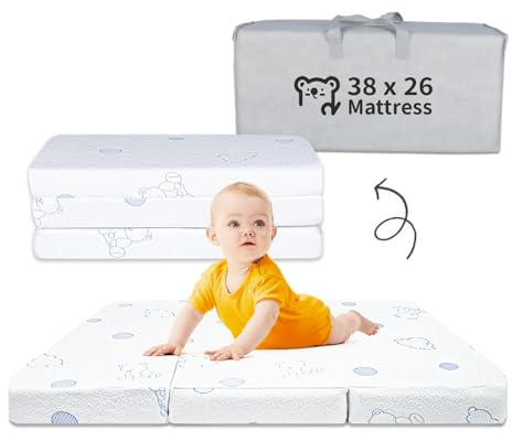 HREVAI Trifold Pack and Play Mattress 38x26, Dual-Sided High Resilience Memory Foam Baby Mattress for Pack n Play, Foldable Travel Pack n Play Mattresses Pad with Washable Breathable Cover