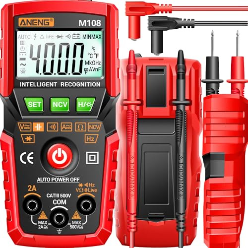 Retoo Digital Multimeter AC/DC Spannung bis 500V, DC Strom, Widerstand, Durchgang, Diodentest, großes LCD-Display mit Hintergrundbeleuchtung, Taschenlampe, Akustischer Alarm, Kompakt, Rot-Schwarz