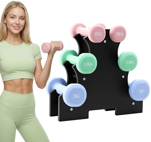 Neopren hantelset med stativ, handvikter för kvinnor män arm pilates set, 2 x 1 kg, 2 x 1,5 kg, 2 x 2 kg, neopren matt finish för hemträning