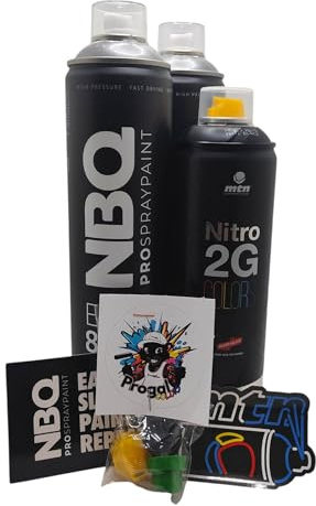 MTN NBQ Eternal Lot de 2 sprays de peinture argentés 600 ml + 1 Nitro 2G noir mat 500 ml, haute pression, séchage rapide, avec 3 buses et 2 autocollants, pour graffiti et décoration