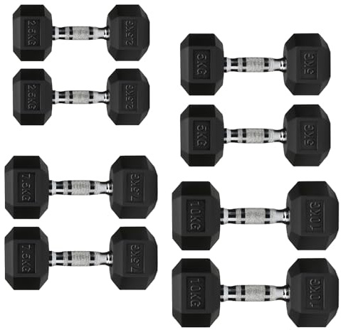 Hex Dumbbells Rubber Coated Cast Iron, Knurled Metal Handles, Anti-Roll Hex Design for Home Gym Strength Training and Weight Lifting, 1kg to 30kg Pairs and Sets (2.5 to 10kg Set- 2.5kg Increment)