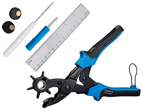 HimaPro Pince Perforatrice Rotative pour Cuir – Ceintures, Colliers pour Chien, Chaussures et Bracelets de Montre – Avec Règle Graduée, 2 Plaques de Rechange et Foret Métal