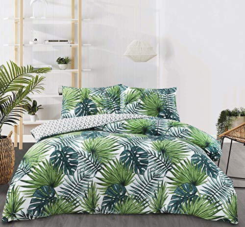 Night Comfort Eco Breathable Duvet Cover with 2 Pillowcases - Reversible Soft Cotton Blend Tropical Forest Green Palm Leaf Printed Quilted Full Bedding set for Modern Bedroom, Double