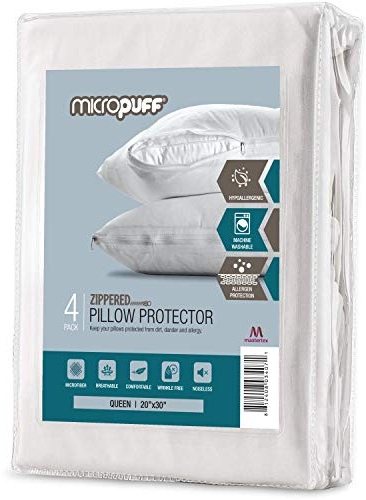 MICROPUFF Zippered Pillow Protectors - Soft Brushed Microfiber Pillow Covers, Noiseless and Hypoallergenic Pillowcases with Zipper (4, Queen)