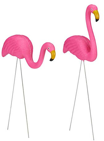 Relaxdays 4 Flamencos para Jardín, Mona Decoración de Exterior, Toque Tropical, Figuras Plástico Estanque, Metal, 2 Tamaños, Rosa