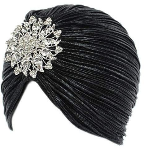 EORUBE Damen Turban Hut mit Kristall Brosche Exotisch Indischer Turban Hut 1920s Damen Fasching Kostüm Accessoires (Brosche Stil 1 - Schwarz)