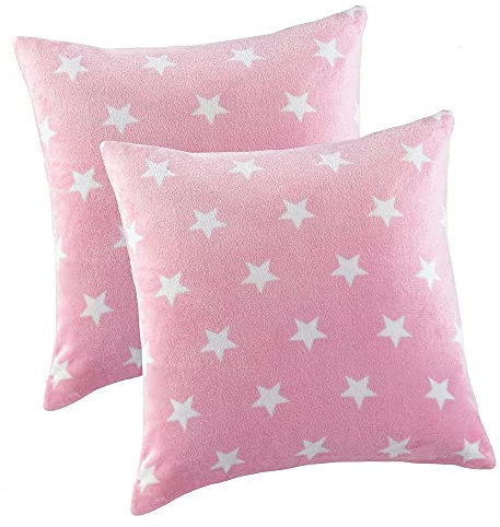 MALIKA Nicky-Teddy Cashmere Touch Coral Fleece Kissenbezug Kissenhülle alle Größen Couchkissen Sofakissen Deco Sterne, Größe:2X 50x50 cm, Designe:Sterne-ROSA