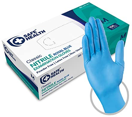 Safe Health Gants Jetables d'examen en Nitrile Taille M Bleu, Boîte de 100 gants, Sans poudre Sans latex Hypoallergéniques, CE EN455 Certifiés, Soins médicaux Aliments, 3,5 Mil