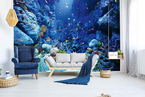 Fleece fototapet självhäftande under vattenvärlden 375 x 250 cm (inklusive lim) – fibertapet, väggtapeter, väggbilder – tapet för vardagsrum, sovrum, kontor, kök – redo att monteras