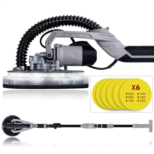 Werku WK400030 + 6 Lijas, Lijadora Circular Paredes-Techos, Calidad Profesional, Potencia 750 W, Disco 225 mm, Sistema Luz LED Visión, Incluye 6 Discos Lijado, Manguera Aspiración y Bolsa Transporte