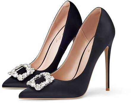 Zhabtuc Escarpins à Talons Hauts pour Femme, 12 cm en Satin Pailleté et Strass, Sexy, Bout Pointu, Talons Élégants, Polyvalents, Chaussures de Mariage, Noir, 42 EU